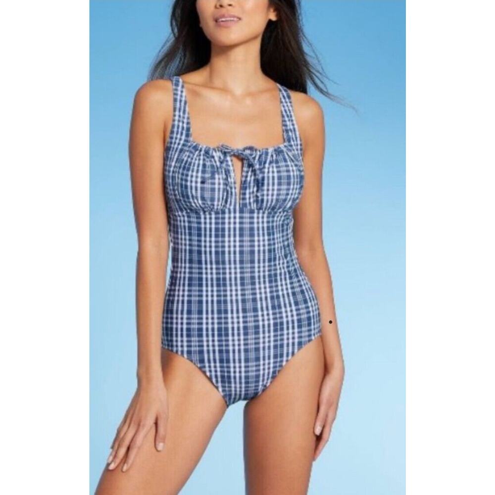 Kona Sol Blue Plaid One Piece High Coverage Swimsuit Womens Size Large 12/14